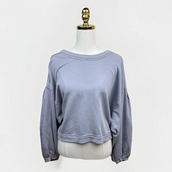 PILCRO Anthropologie Open Tie Back Cotton Sweatshirt Lavender Gray XL Distressed - Picture 4 of 15